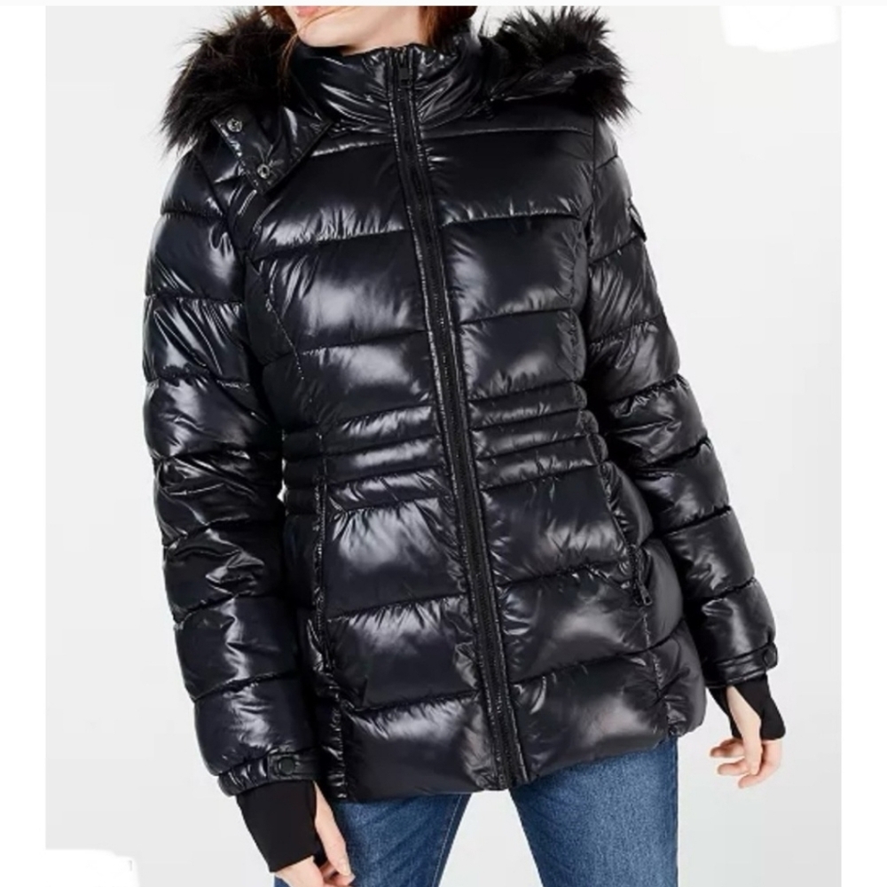 Black Hooded Puffer Coat Jacket Faux Fur Hood Thumbholes Size Large Madden Girl